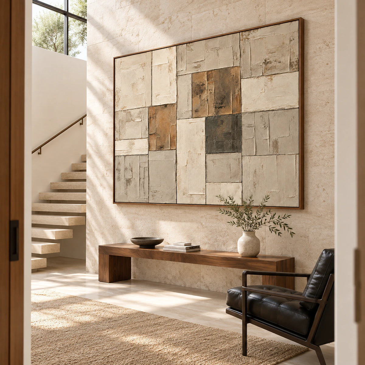 Sienna-Masonry at gallery scale in a bright architectural foyer.