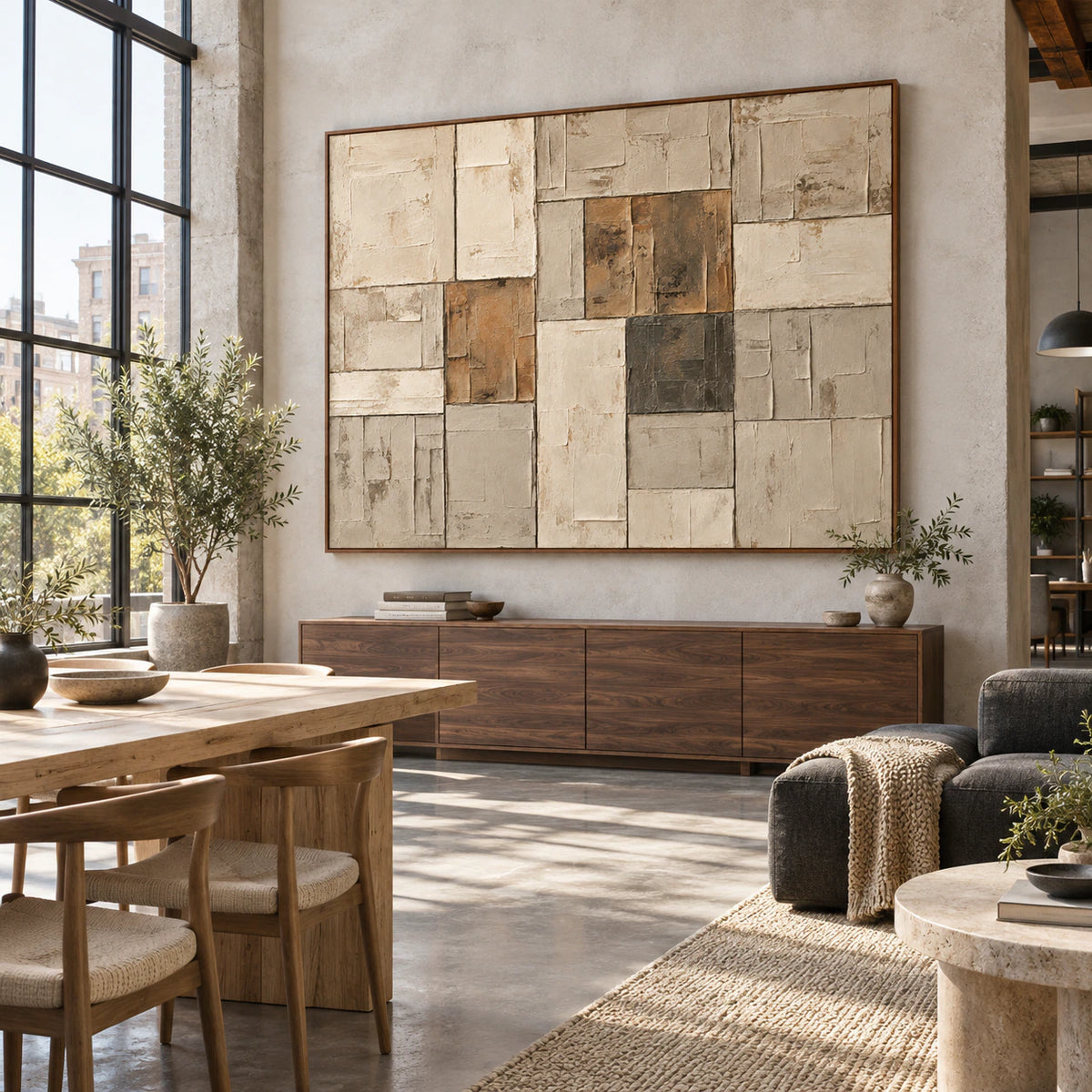 Sienna-Masonry as the central artwork in an expansive loft hospitality interior.