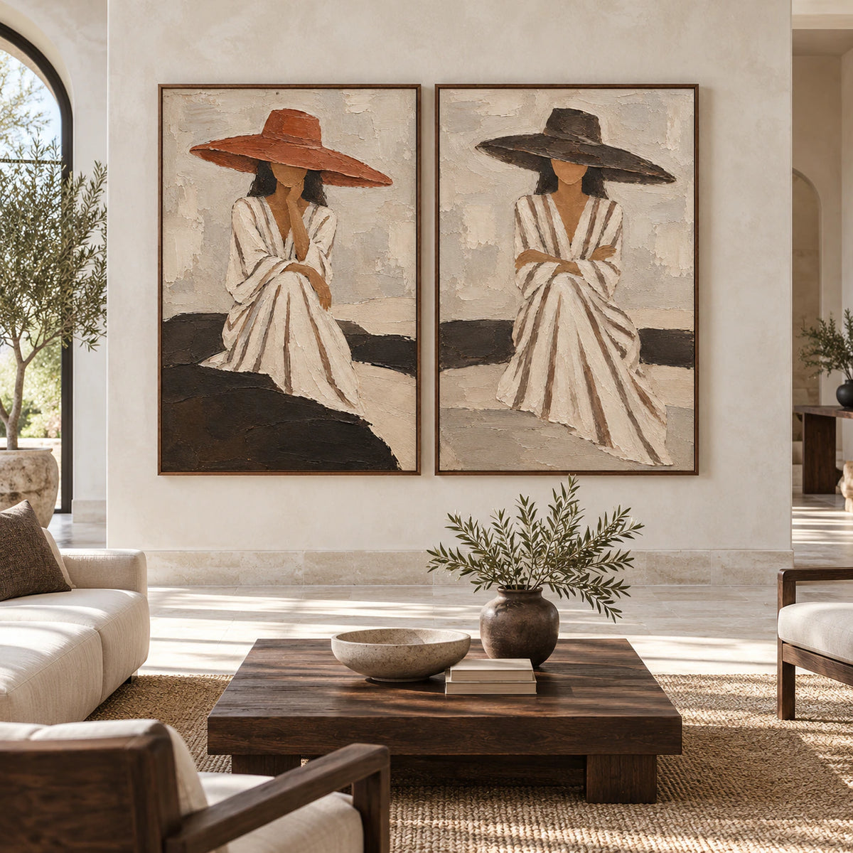 Large straight-on gallery interior with the Sienna-Quiet diptych in matching slim walnut frames.