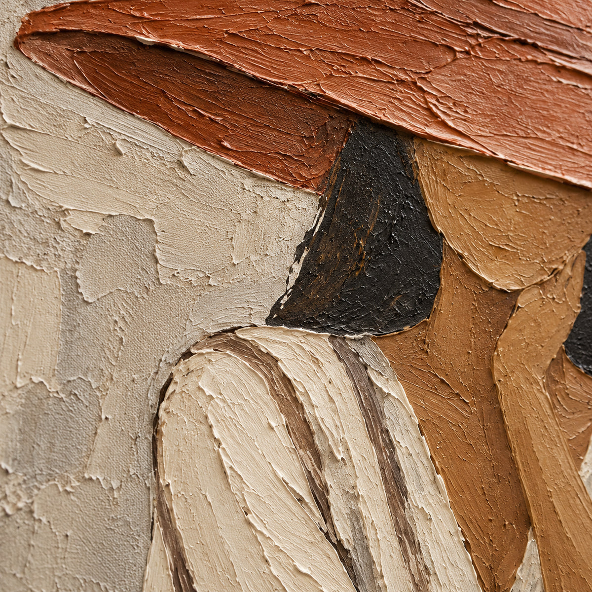 Sienna-Quiet oil painting brushwork and impasto detail photographed from an oblique side angle