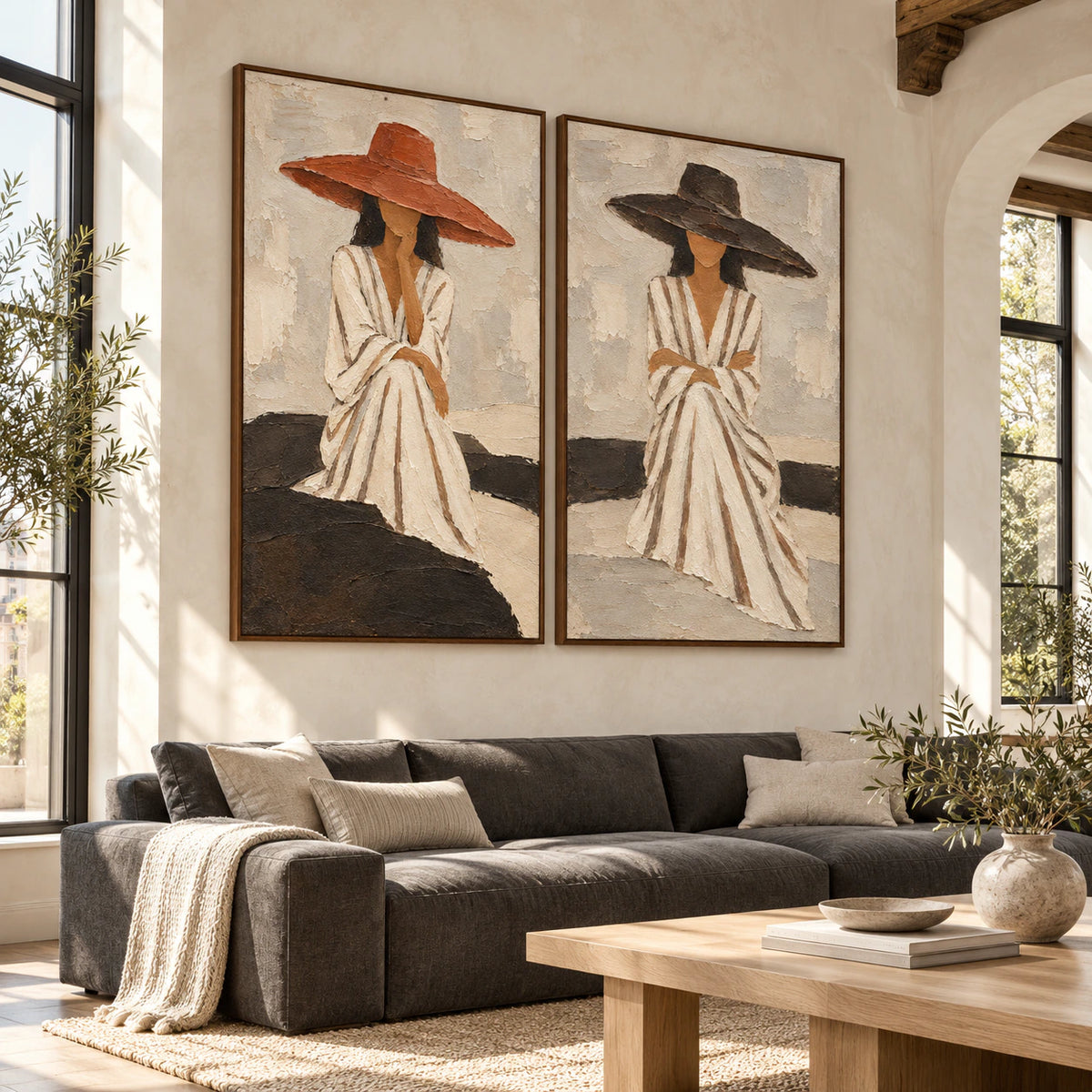 Sunlit living room featuring the Sienna-Quiet two-canvas diptych.