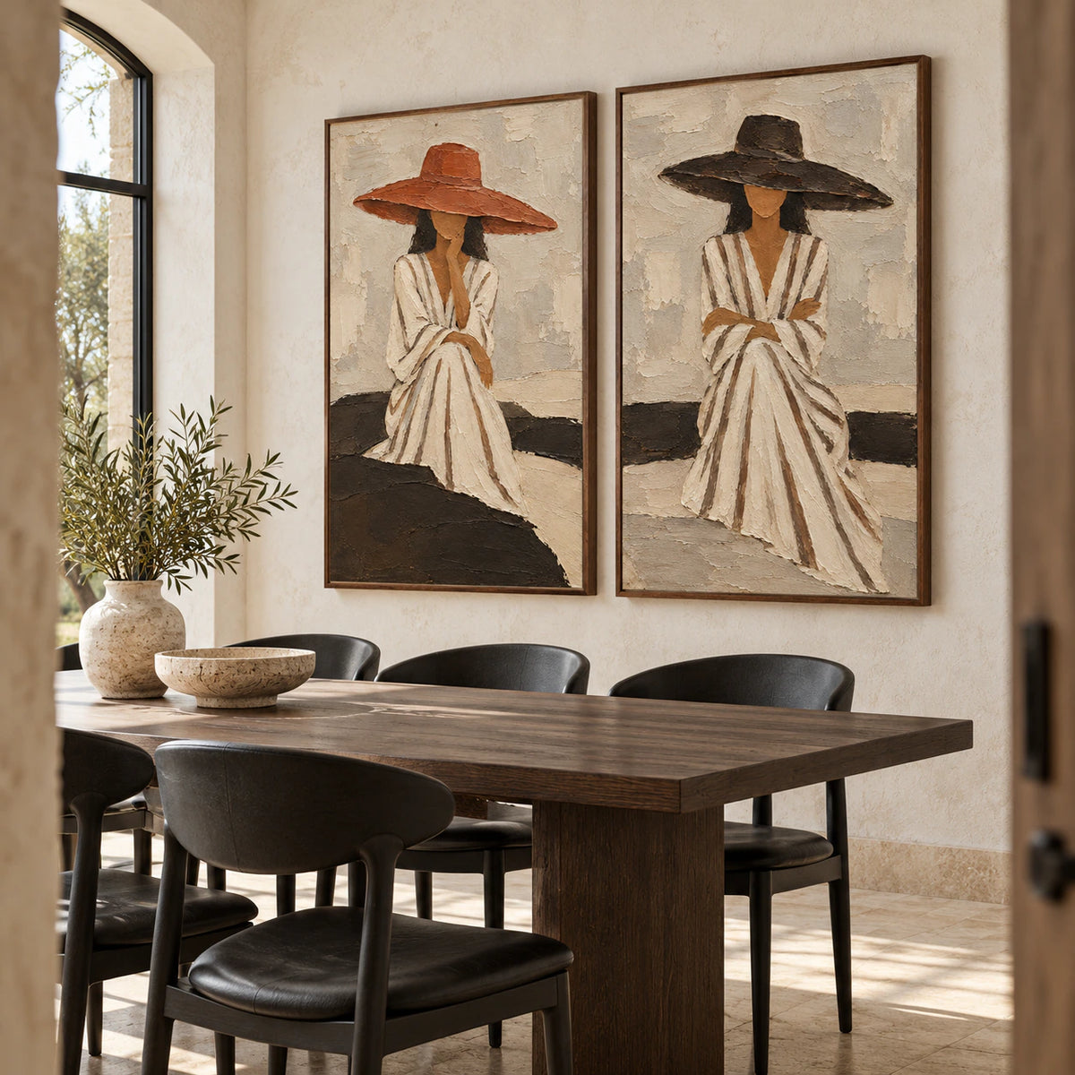 Refined dining room with the Sienna-Quiet diptych above a sculptural sideboard.