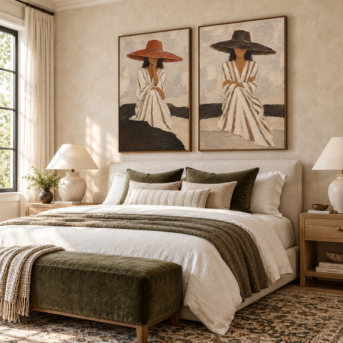 Quiet bedroom featuring the Sienna-Quiet diptych in matching walnut frames.