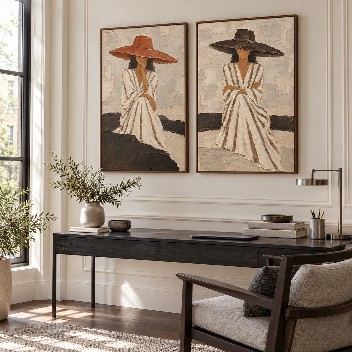 Airy reading office with the Sienna-Quiet coordinated two-canvas artwork.