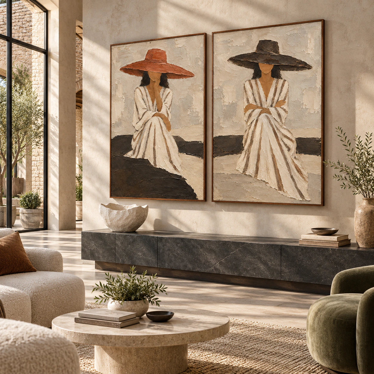Gallery-scale foyer centered on the Sienna-Quiet diptych.