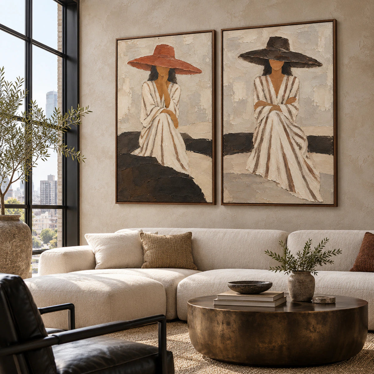 Expansive loft hospitality interior featuring the Sienna-Quiet diptych.