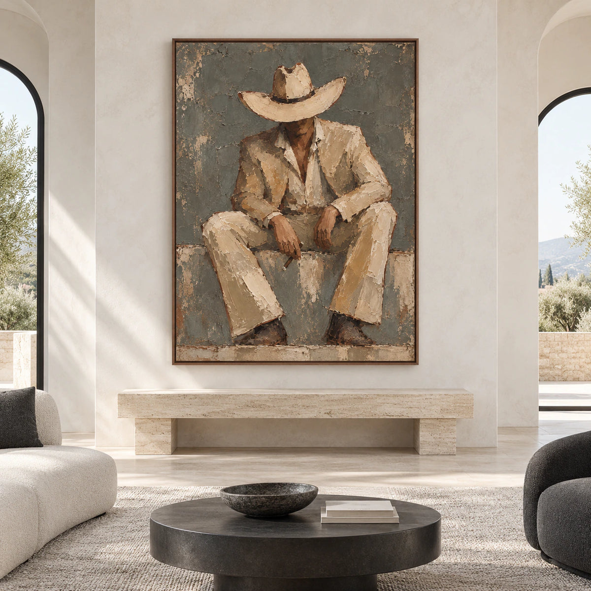 Large textured seated-figure painting shown straight-on in a spacious architectural interior.