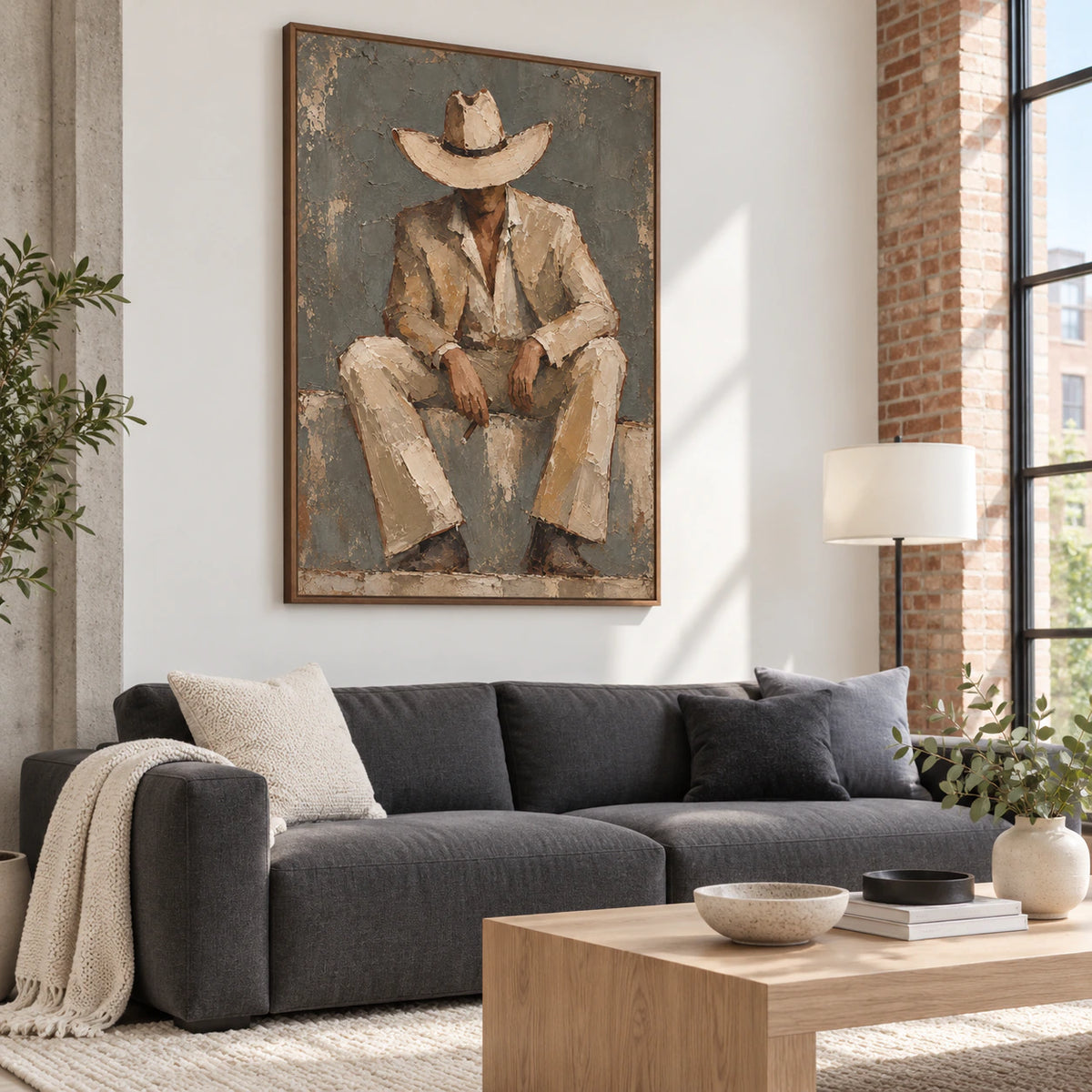 Textured seated-figure artwork above a sofa in a bright contemporary living room.