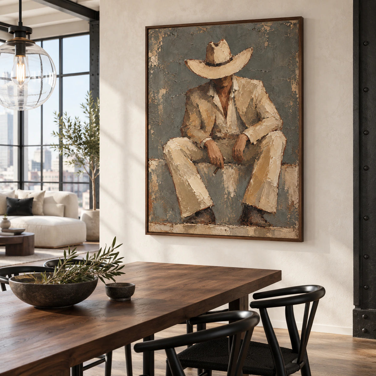 Vertical figure painting anchoring a refined daylight-filled dining room.