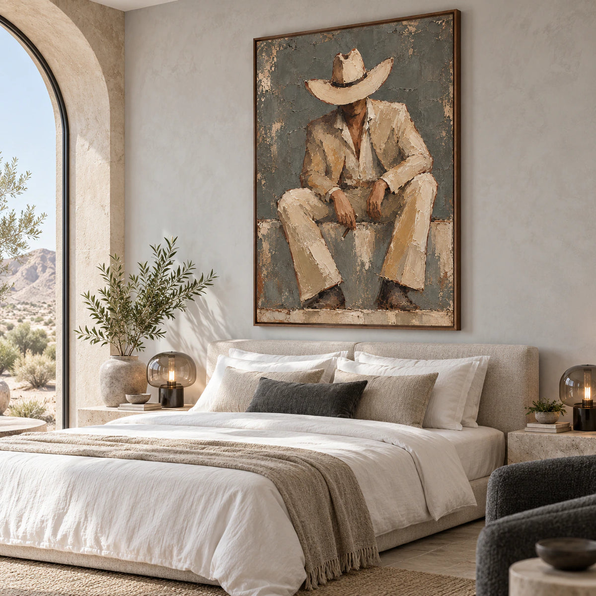 Quiet bedroom with a large textured seated-figure painting above a low bed.