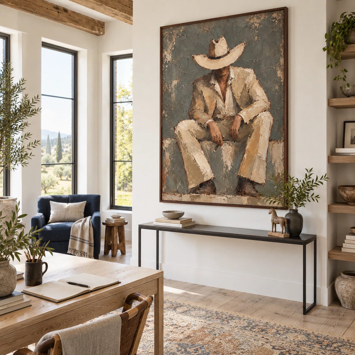 Textured figure artwork in an airy home office reading space.