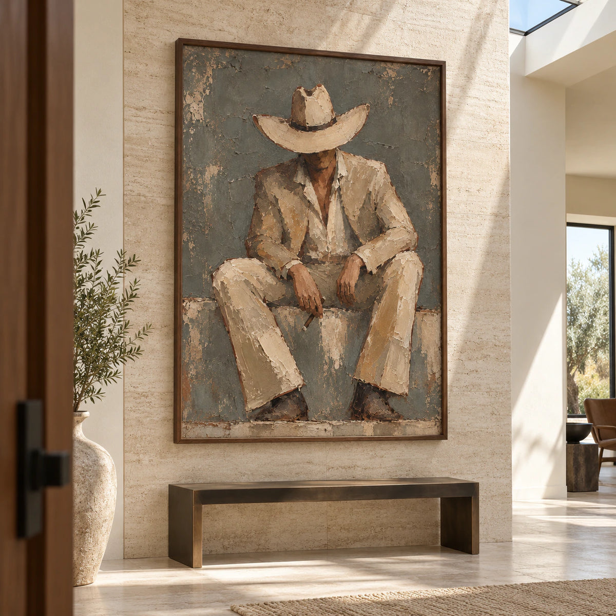 Gallery-scale seated-figure painting in a bright sculptural foyer.