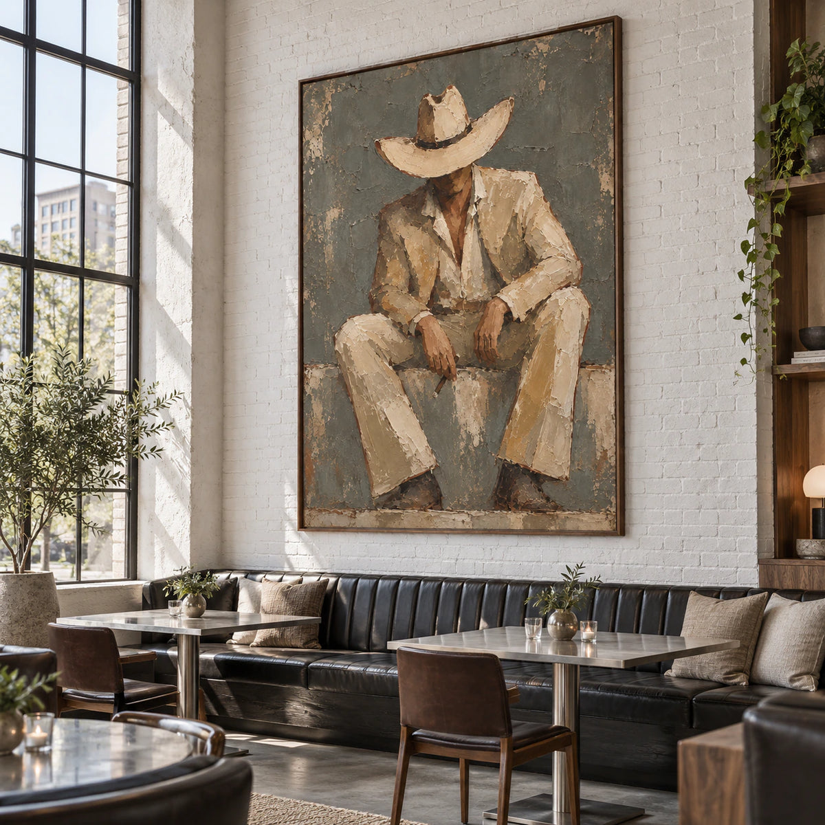 Large textured figure painting in an expansive sunlit loft hospitality interior.