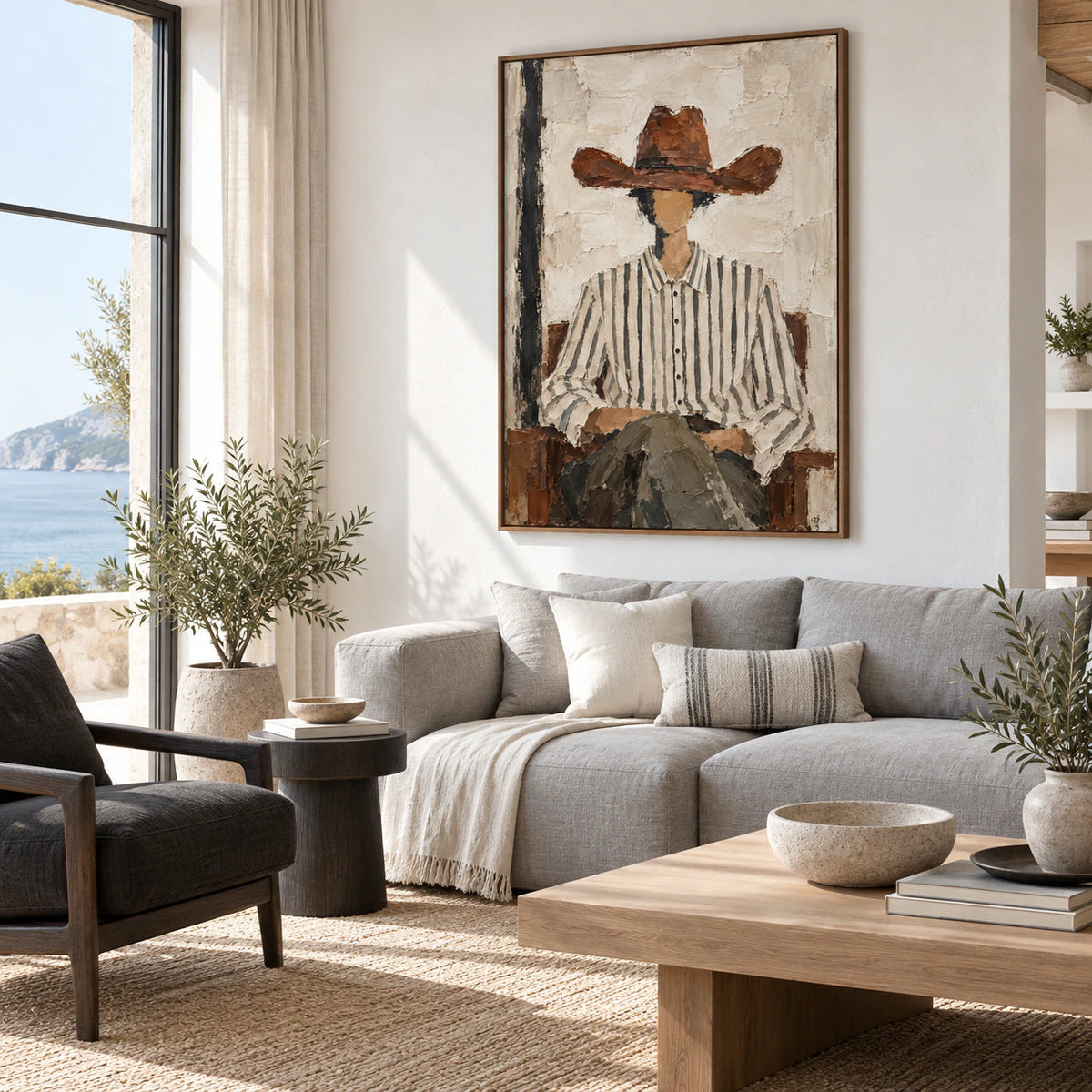 Sienna-Reverie above a low sofa in a bright, airy living room.