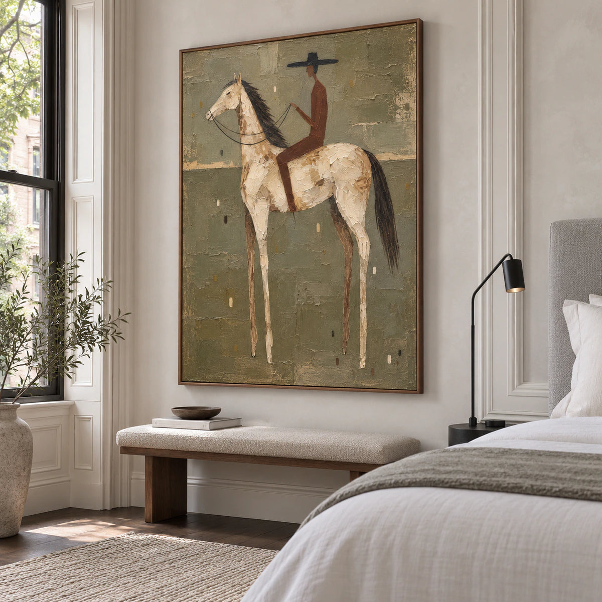 Sienna-Rider as a large-scale focal point in a quiet bedroom.