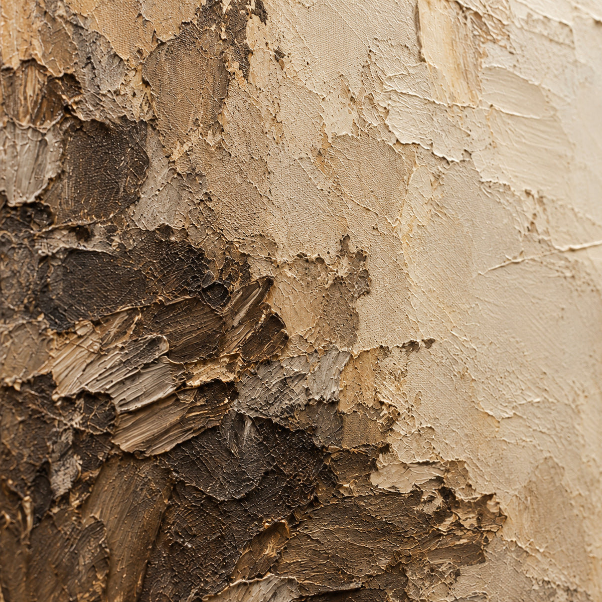Sienna-Strata oil painting brushwork and impasto detail photographed from an oblique side angle
