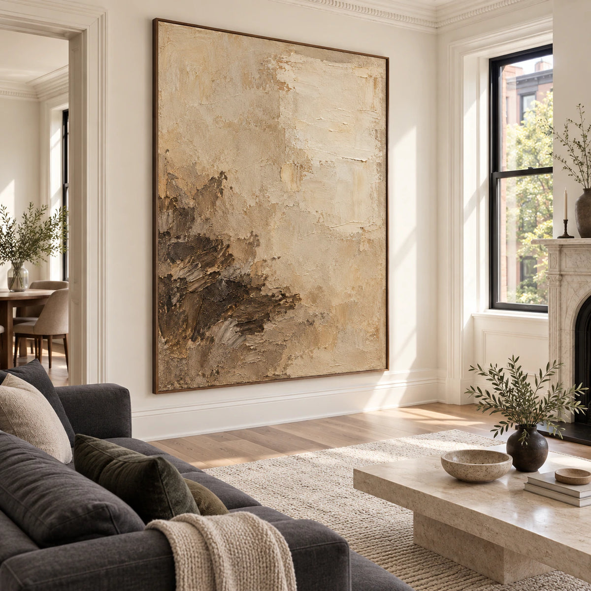 Sienna-Strata as the focal point of a bright, open living room.