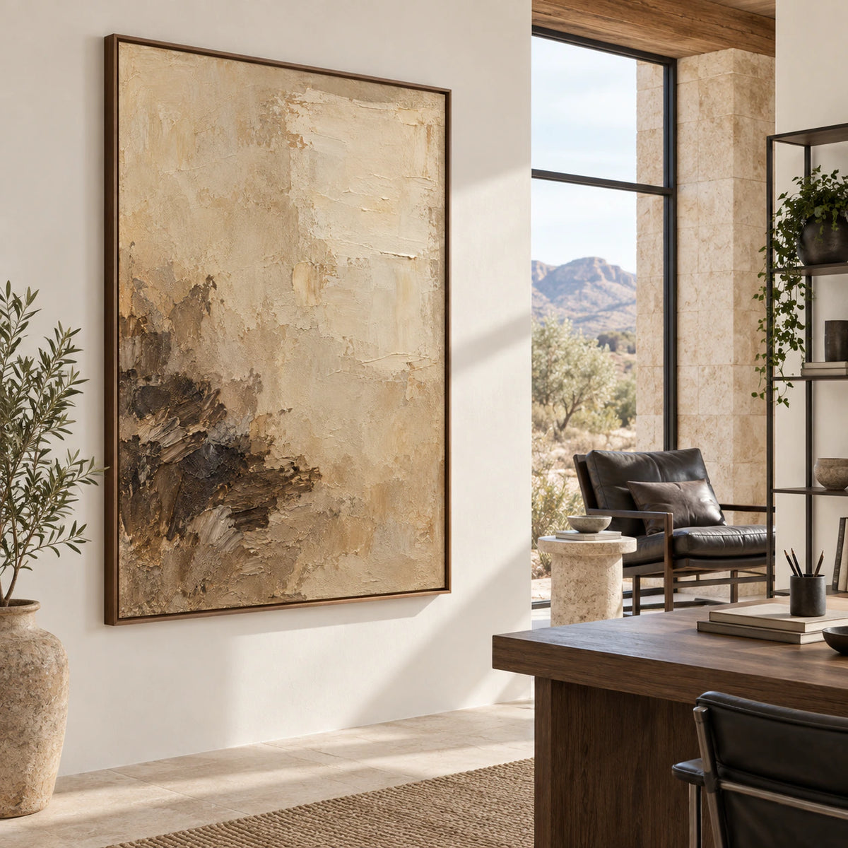 Sienna-Strata in an airy home office and reading space.