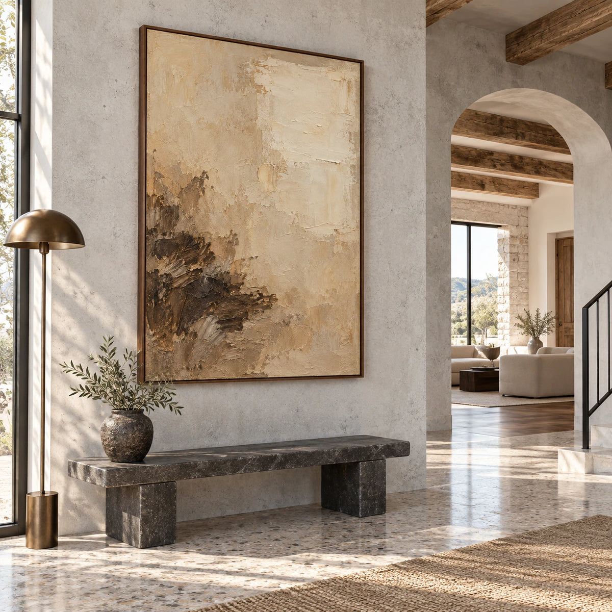 Sienna-Strata at gallery scale in a bright, sculptural foyer.