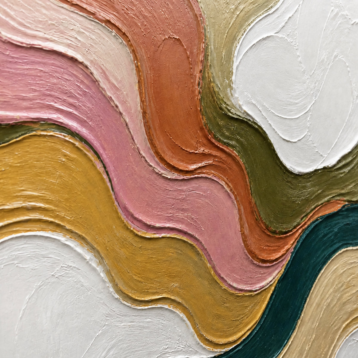 Sienna-Tide oil painting brushwork and impasto detail photographed from an oblique side angle