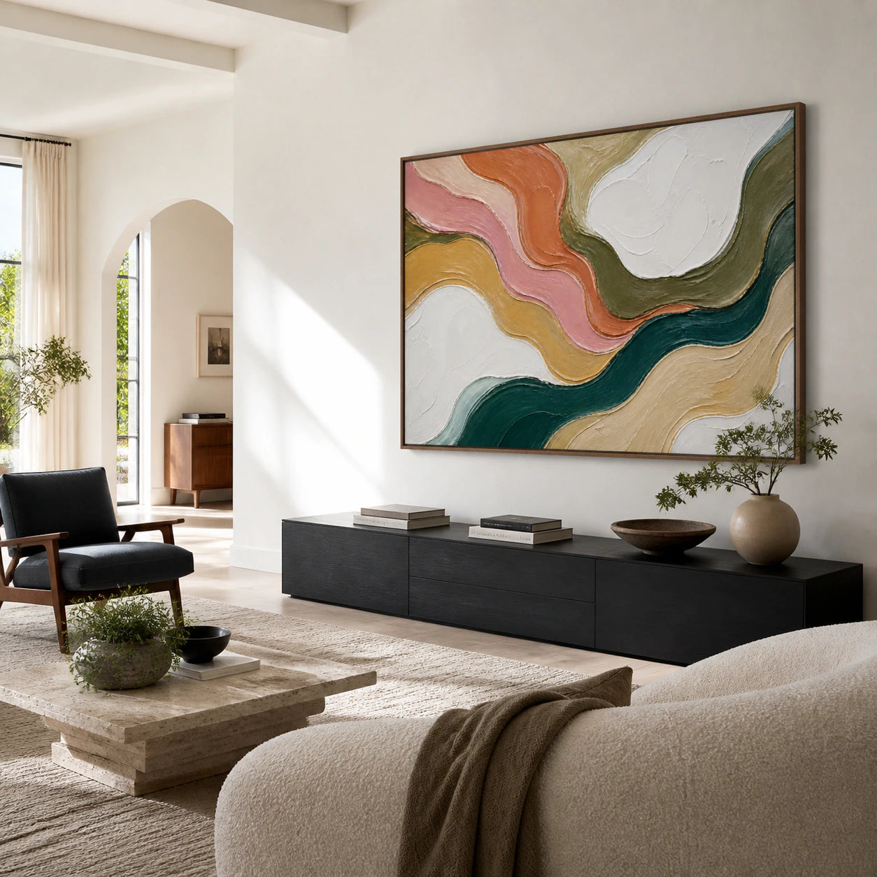 Sienna-Tide as a large focal artwork in a bright contemporary living room.