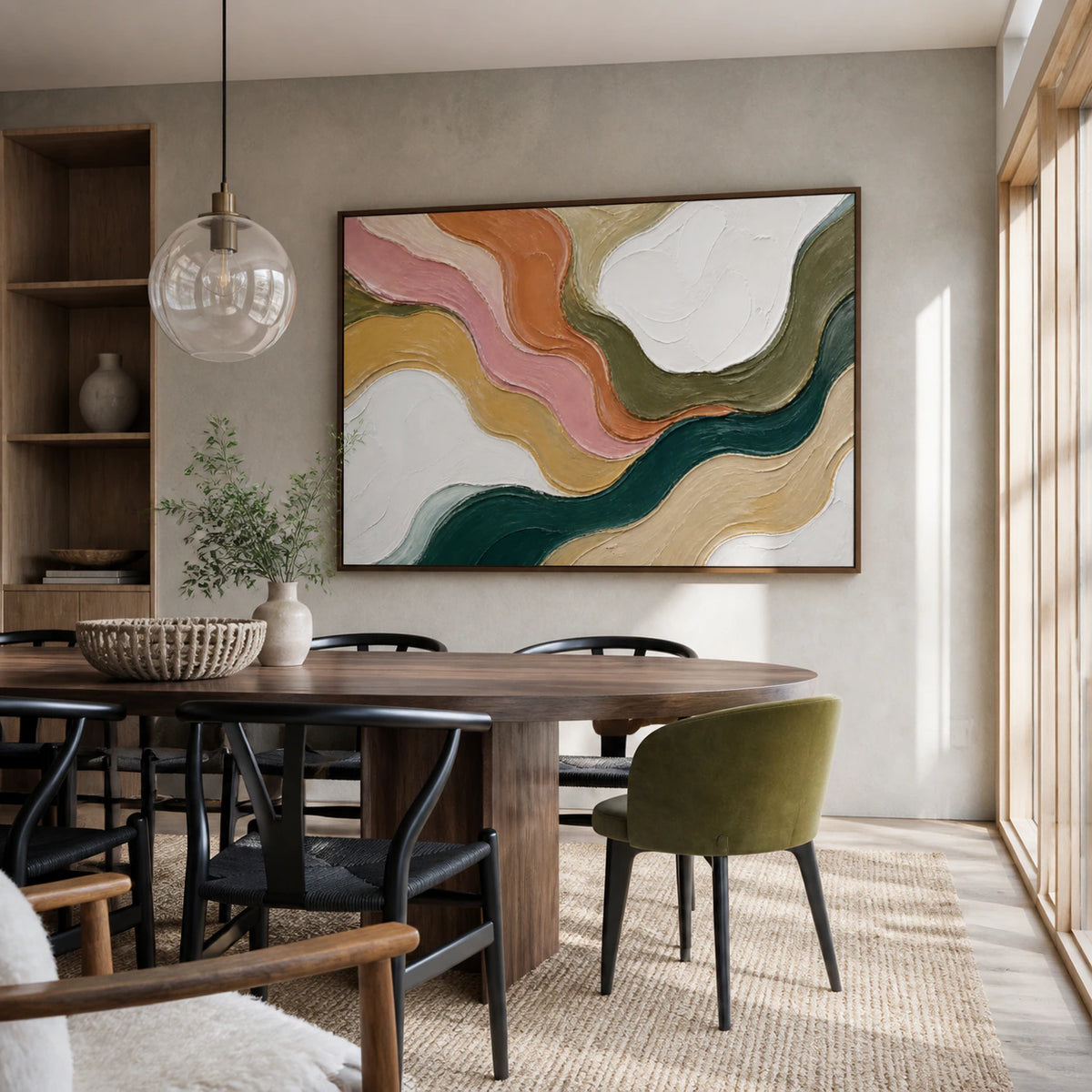 Sienna-Tide above a refined dining setting in a daylight-filled interior.