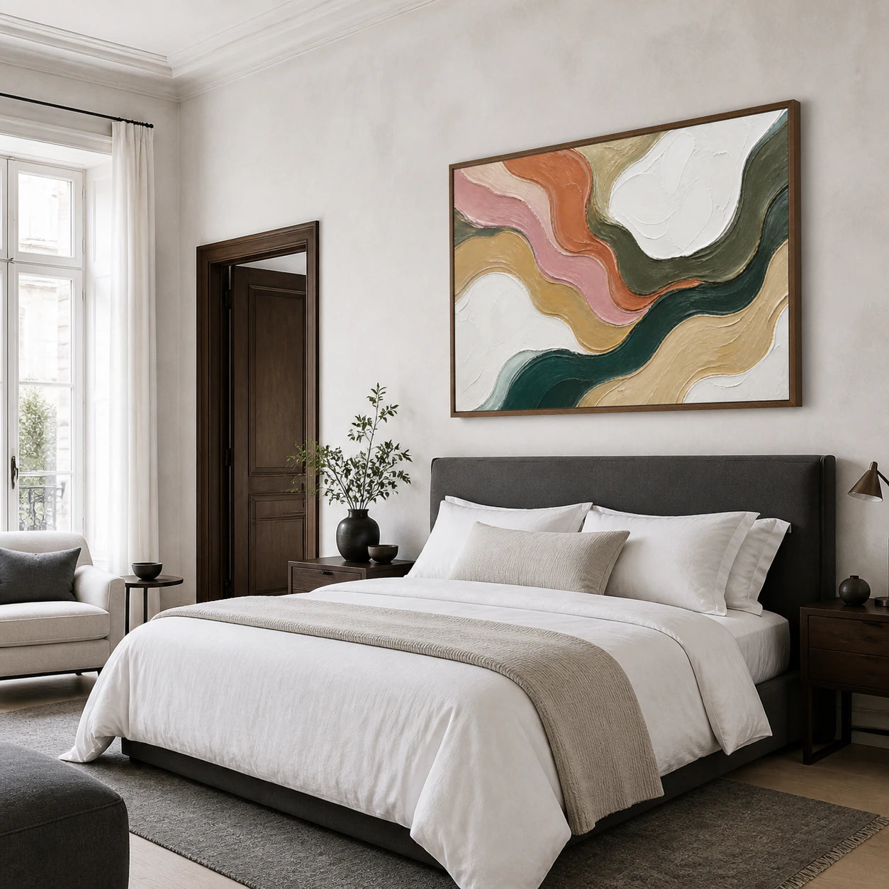 Sienna-Tide bringing tactile color to a quiet, airy bedroom.