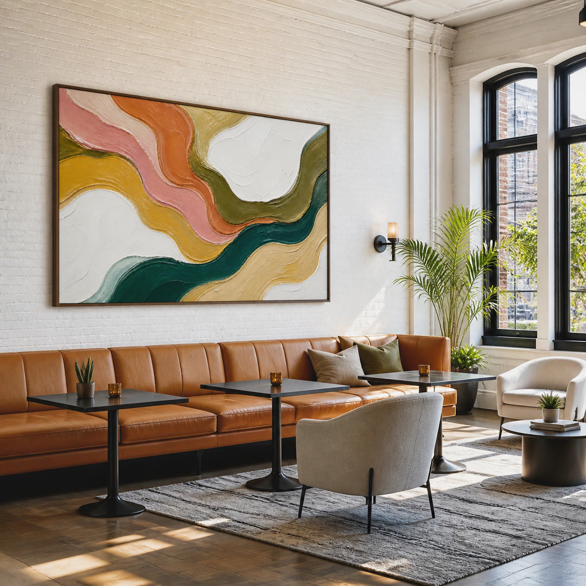 Sienna-Tide as a commanding artwork in a spacious hospitality loft.