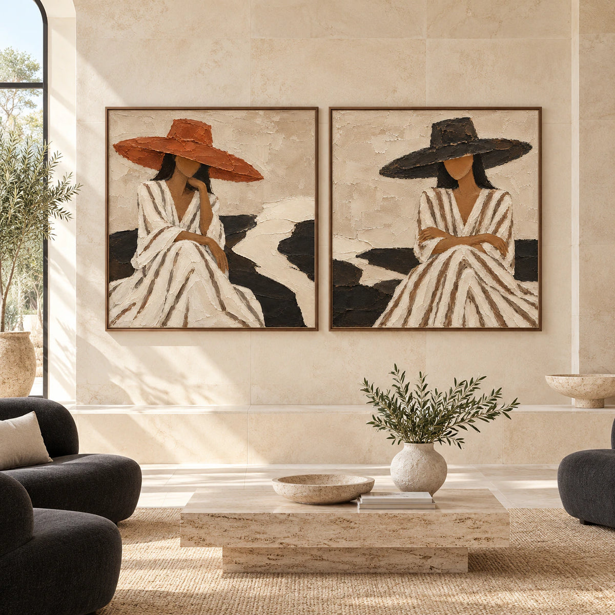Sienna-Visage diptych in slim walnut frames displayed straight-on at large scale in a bright architectural living space.