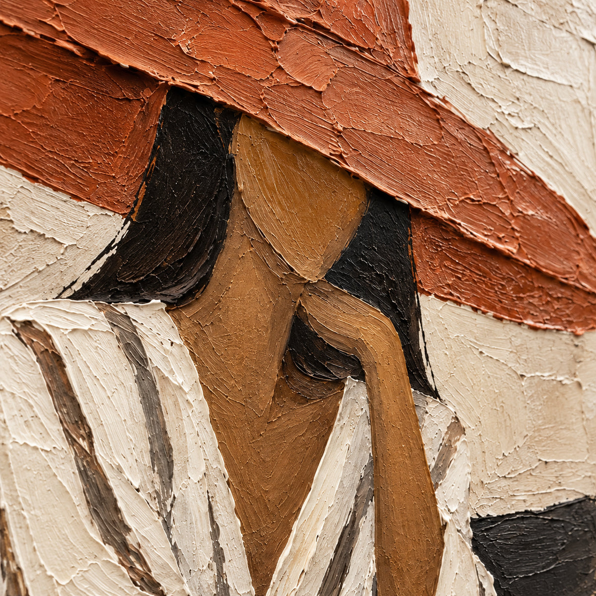 Sienna-Visage oil painting brushwork and impasto detail photographed from an oblique side angle