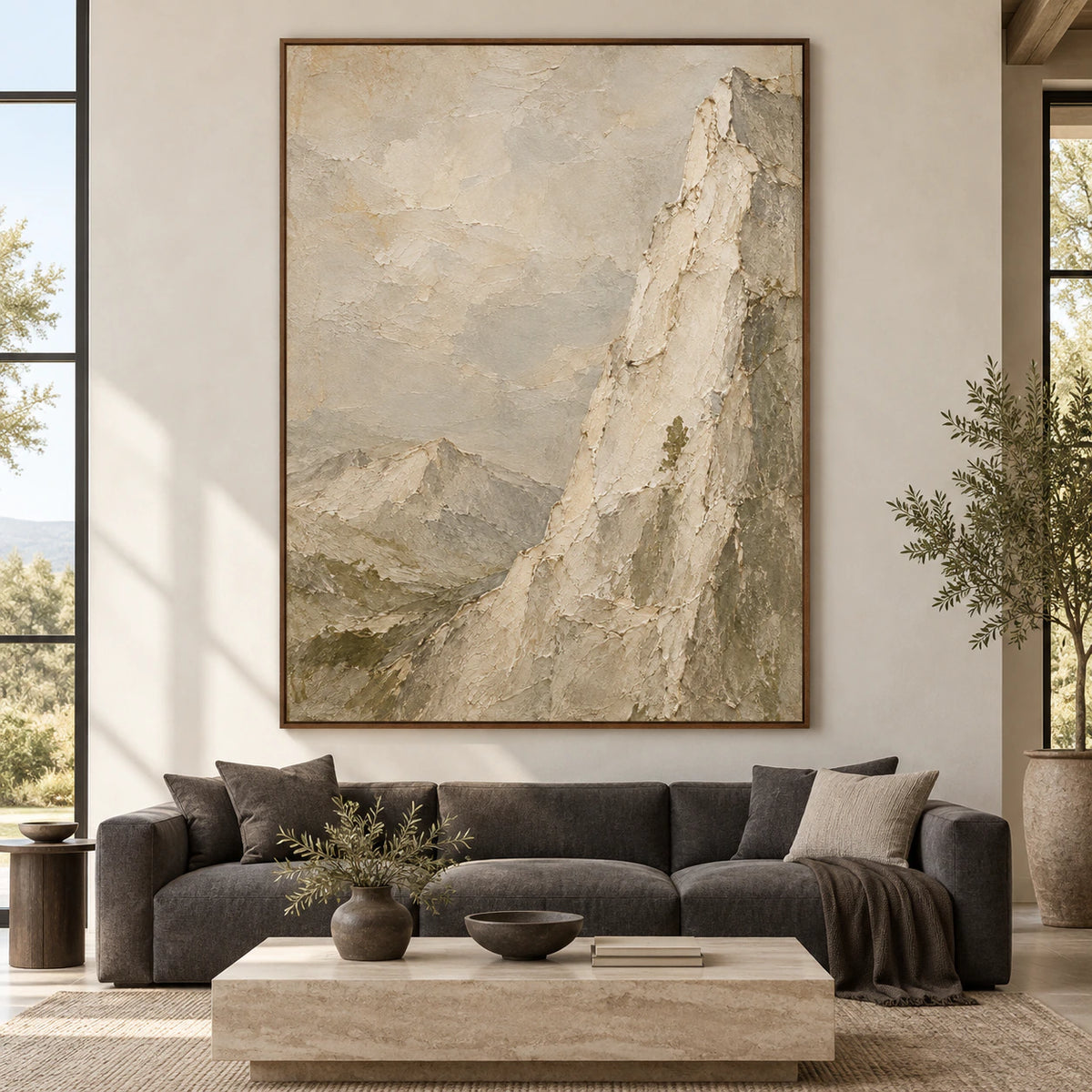 Large vertical mountain artwork displayed straight-on in a spacious daylight-filled interior.