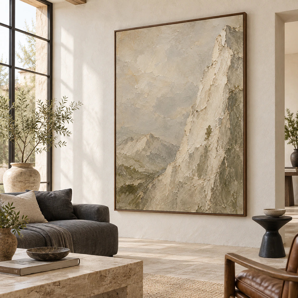 Vertical mountain artwork as the focal point of a bright contemporary living room.