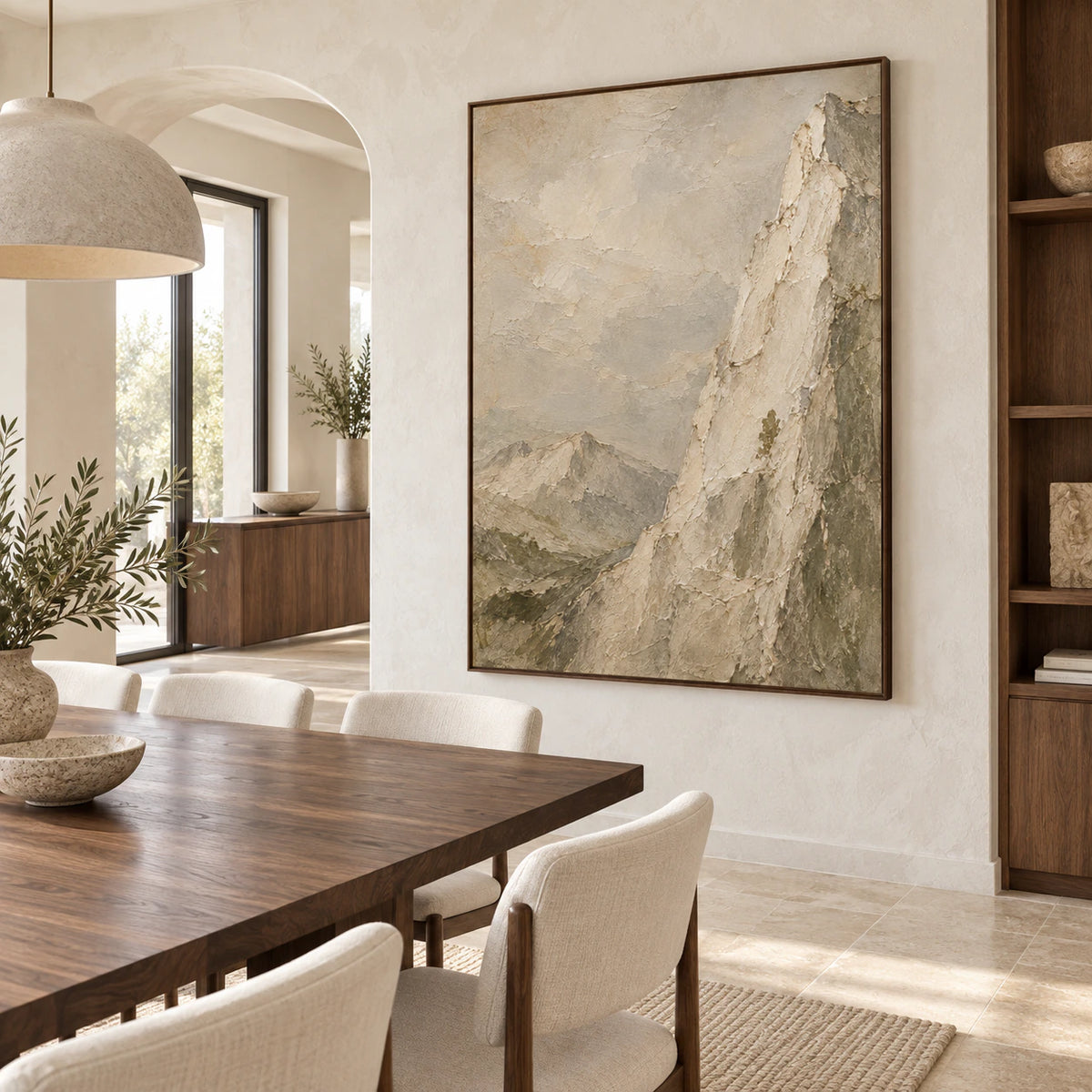 Vertical textured mountain artwork above a refined dining setting in natural daylight.