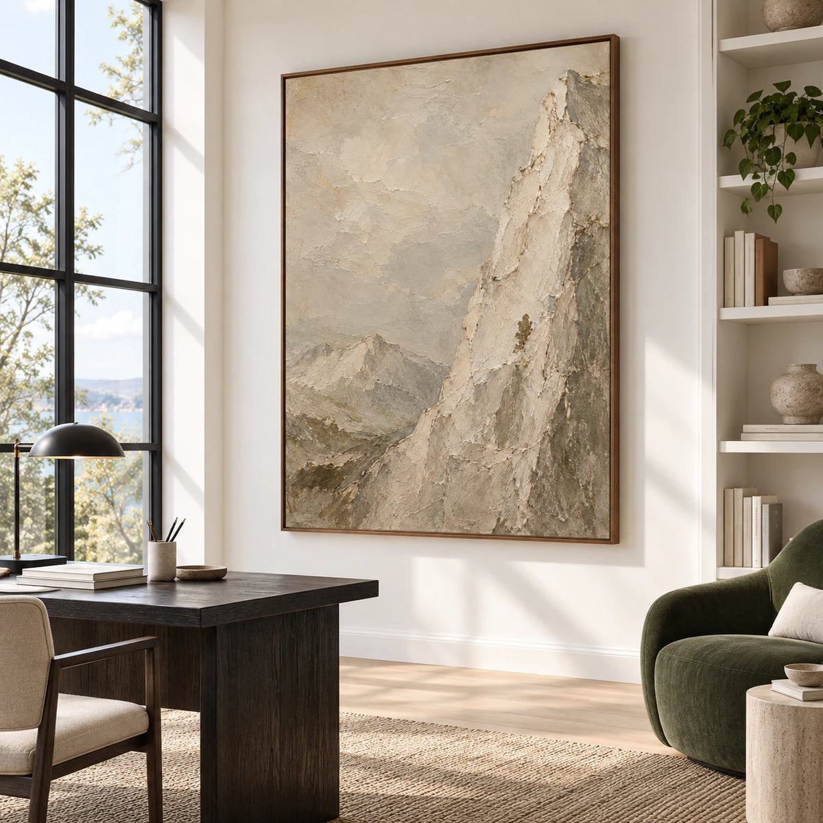 Vertical mountain artwork in an airy reading and home office space.