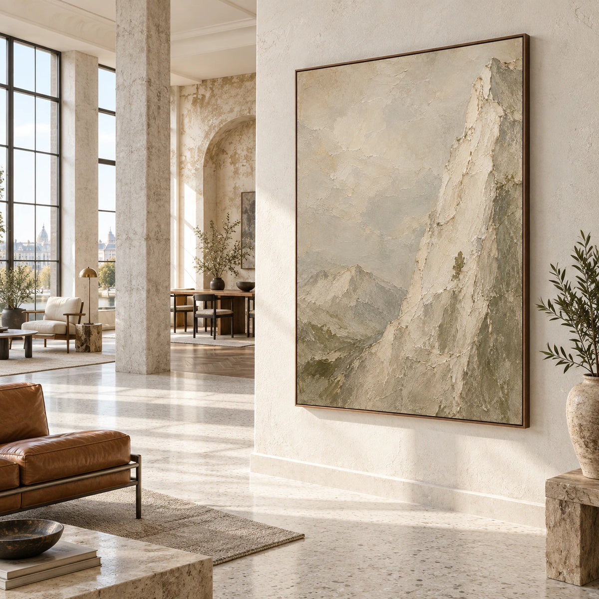 Vertical textured mountain artwork featured in an expansive loft hospitality interior.