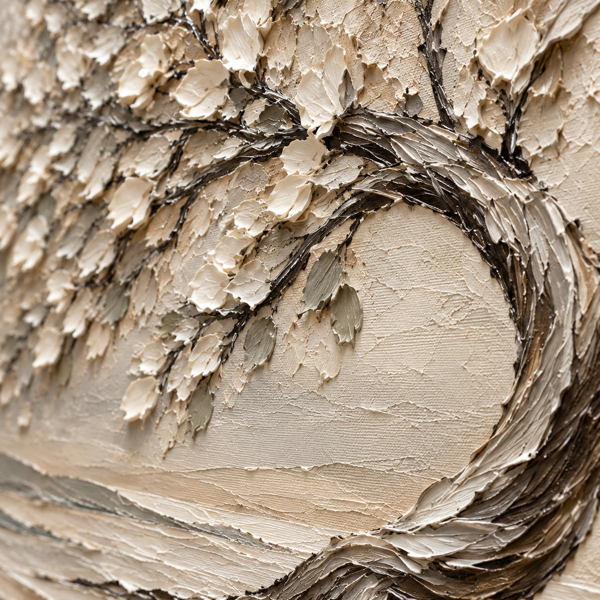 Silent-Canopy oil painting brushwork and impasto detail photographed from an oblique side angle
