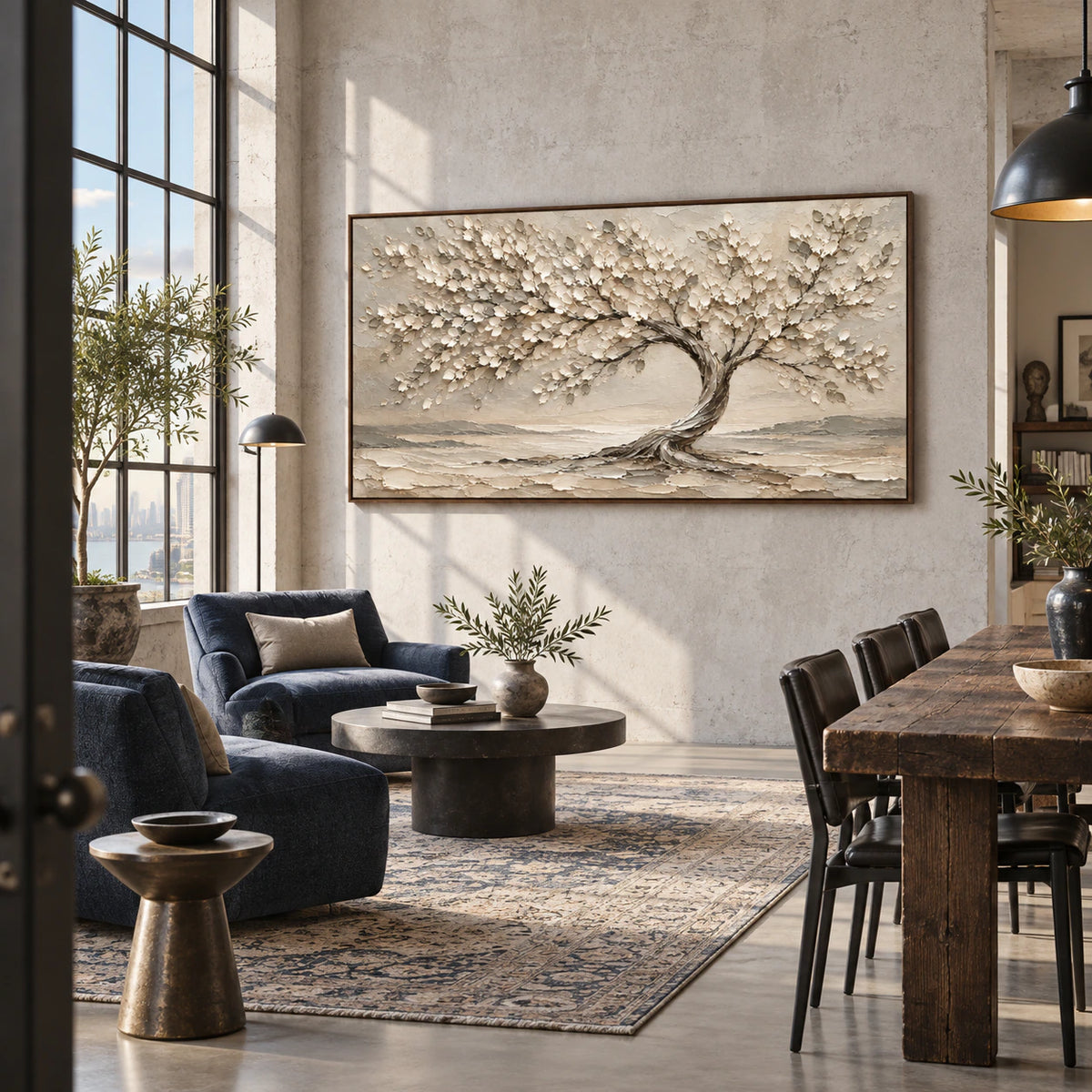 Silent-Canopy as a commanding artwork in an expansive sunlit hospitality loft.