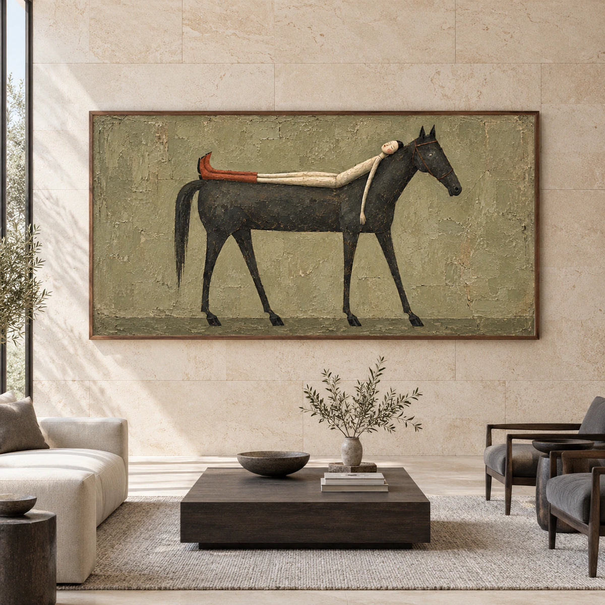 Silent-Equine displayed at large scale in a spacious straight-on gallery interior.