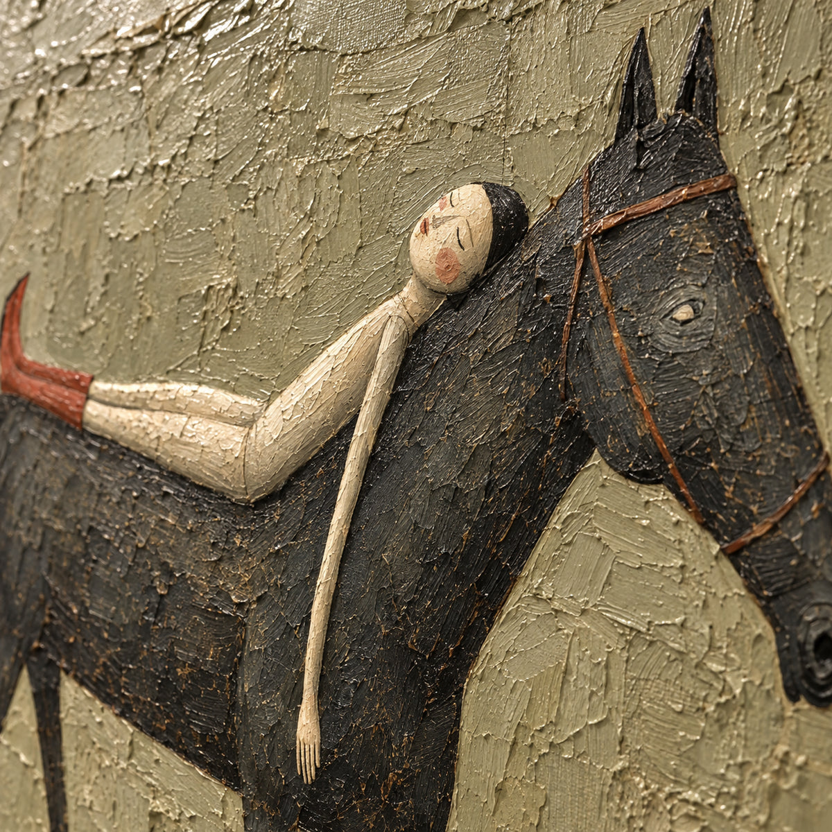 Silent-Equine oil painting brushwork and impasto detail photographed from an oblique side angle
