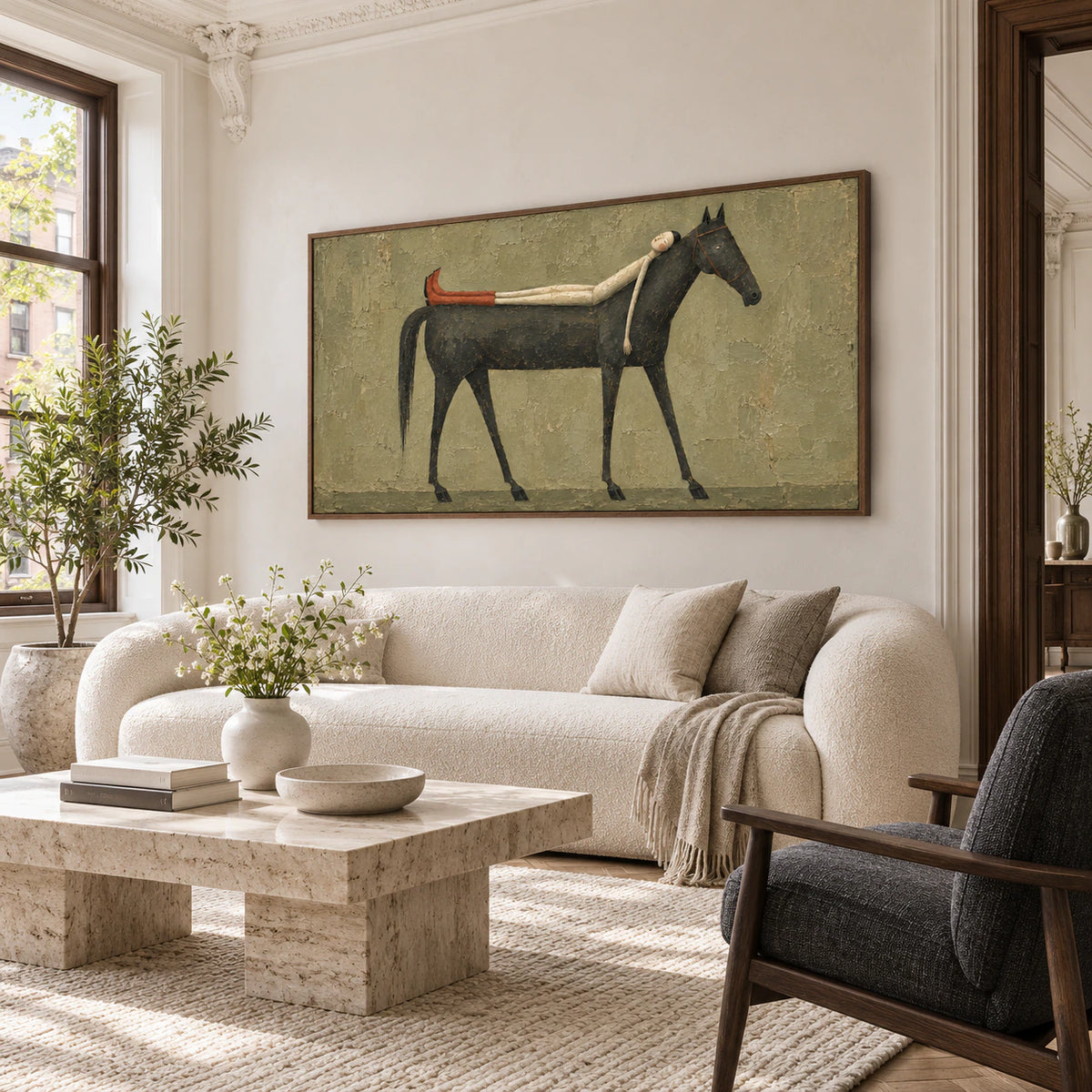 Silent-Equine as the focal artwork in a bright contemporary living room.