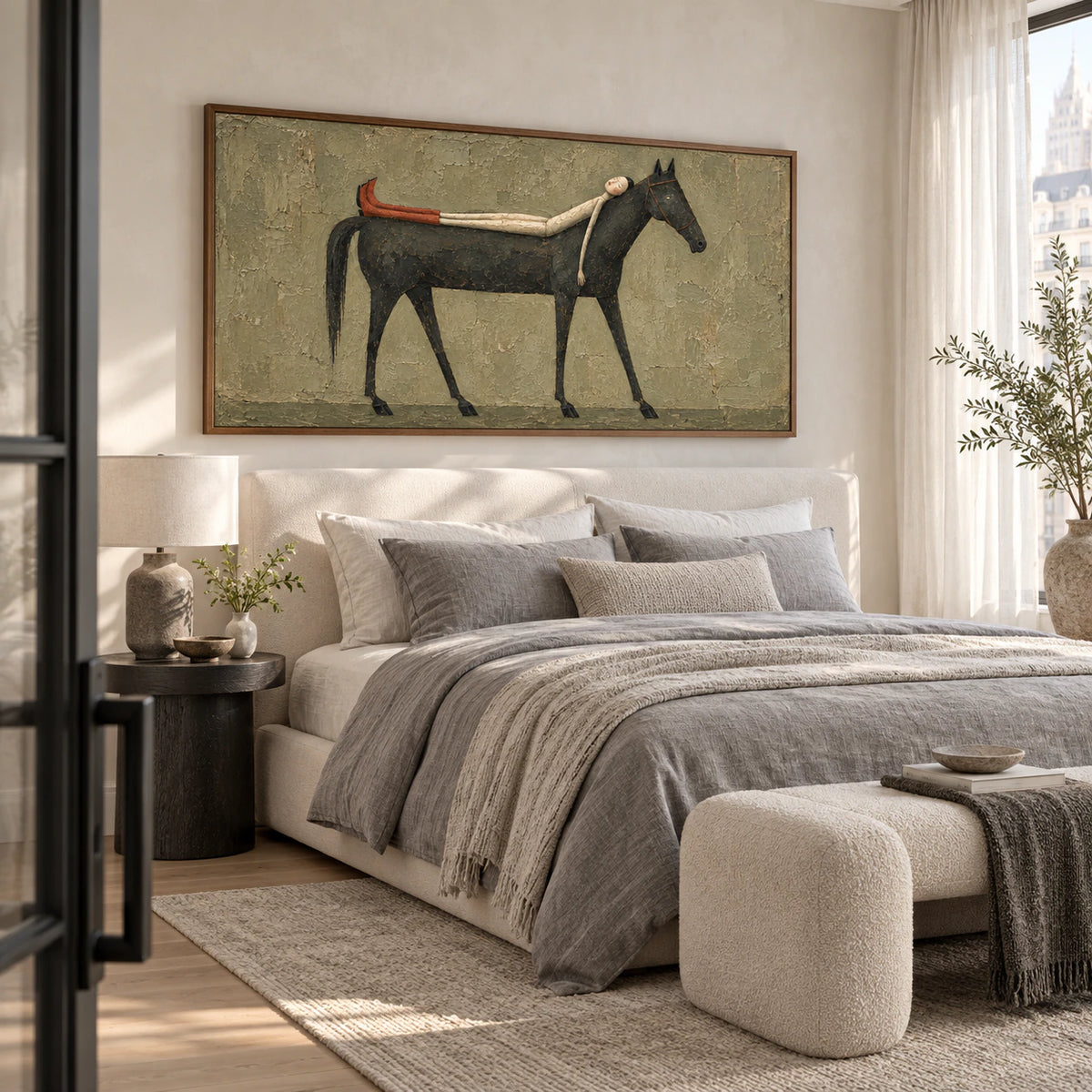 Silent-Equine bringing quiet character to a light-filled bedroom.