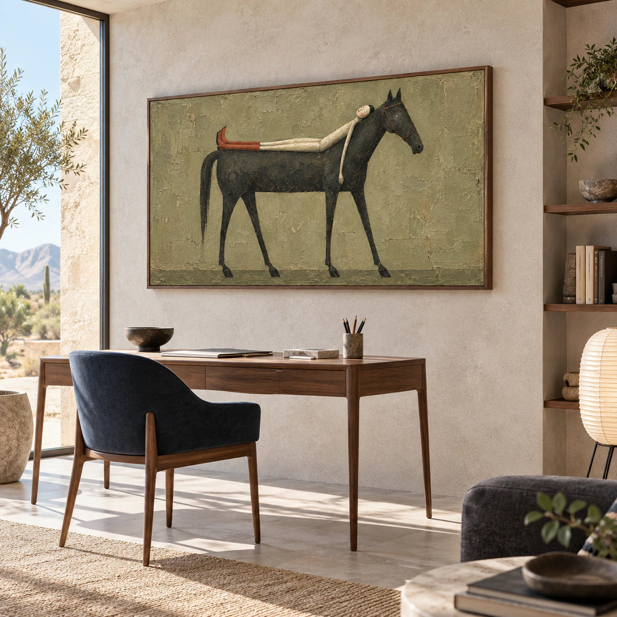 Silent-Equine as a large-scale focal point in an airy reading office.