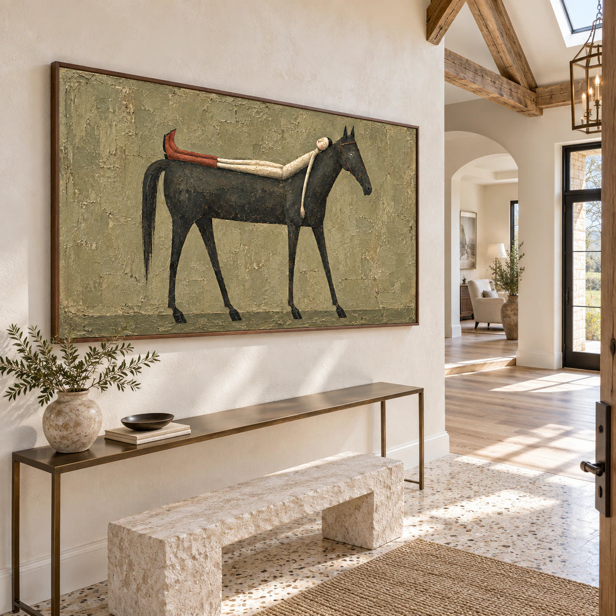 Silent-Equine installed prominently in a gallery-scale daylight foyer.