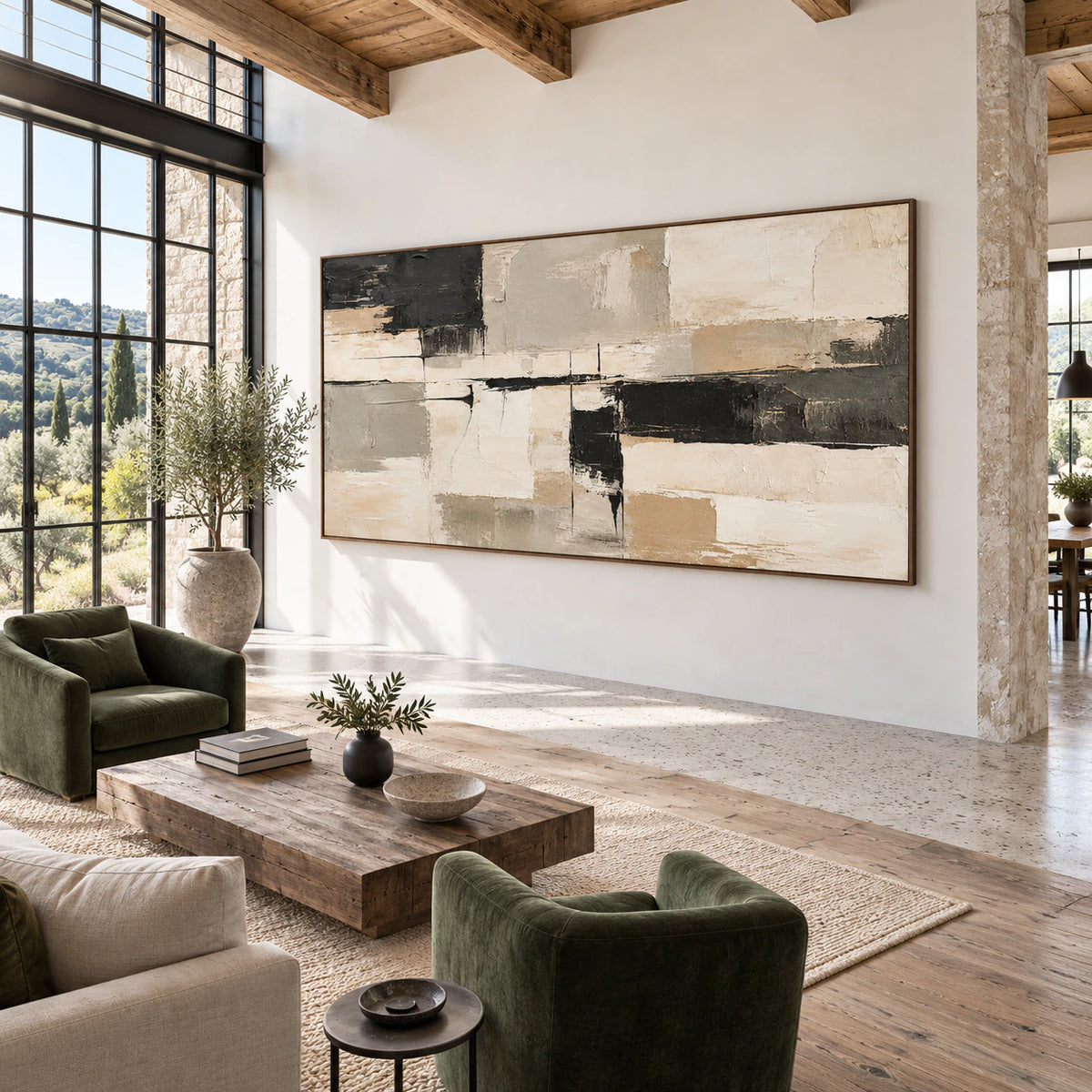 Silent-Grid as a large focal work in an open, light-filled loft hospitality interior.