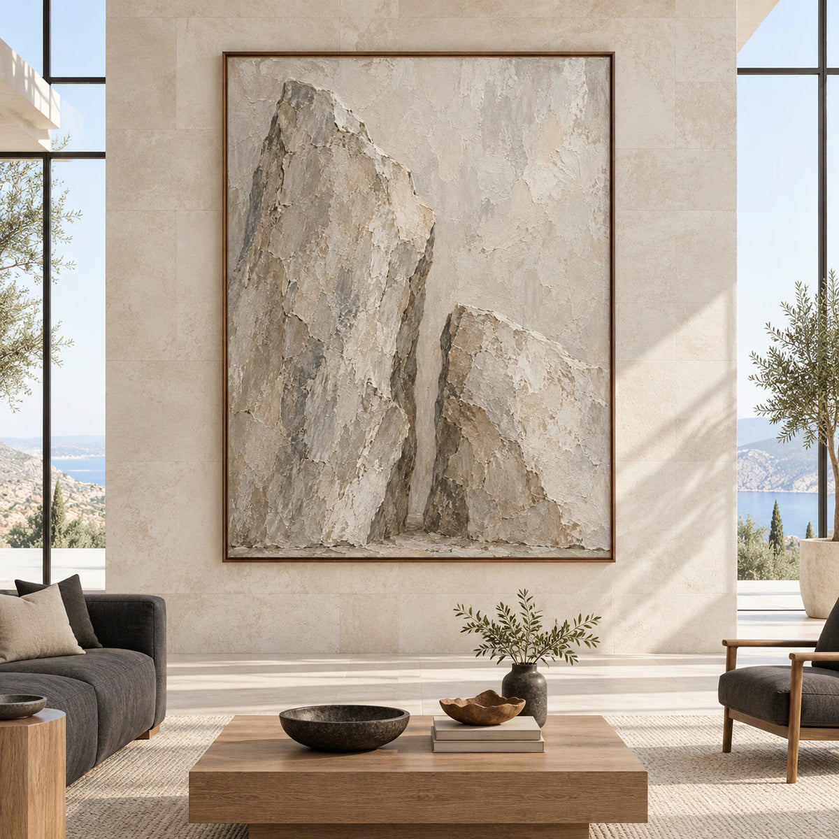 Large vertical Silent-Ravine painting displayed straight-on in a bright, expansive architectural living space.