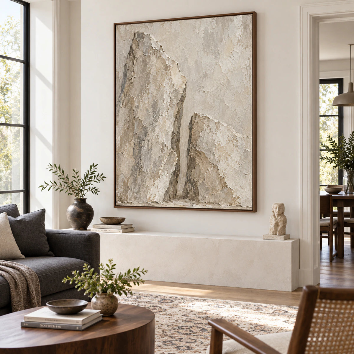 Silent-Ravine as a large focal artwork in a bright contemporary living room.