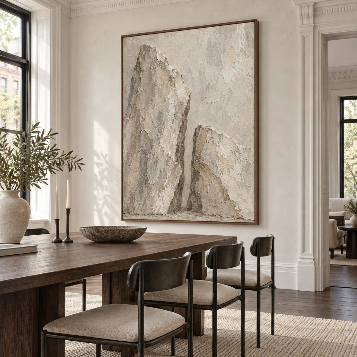 Silent-Ravine above a refined dining setting with daylight and quiet architectural finishes.