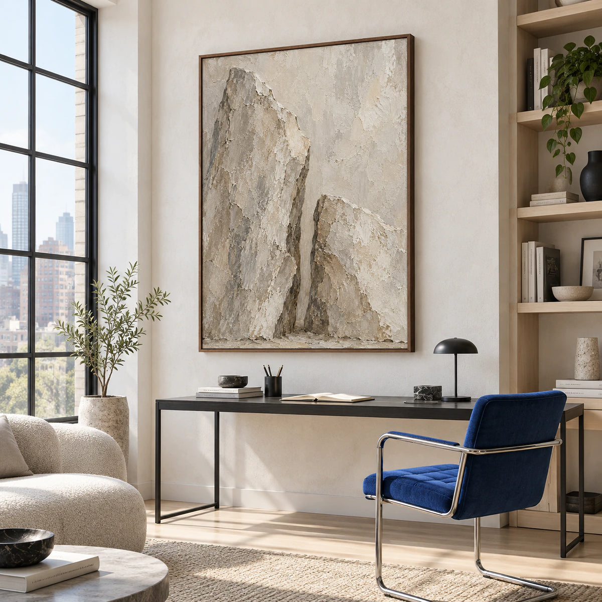 Silent-Ravine as the focal point in an airy home office reading space.