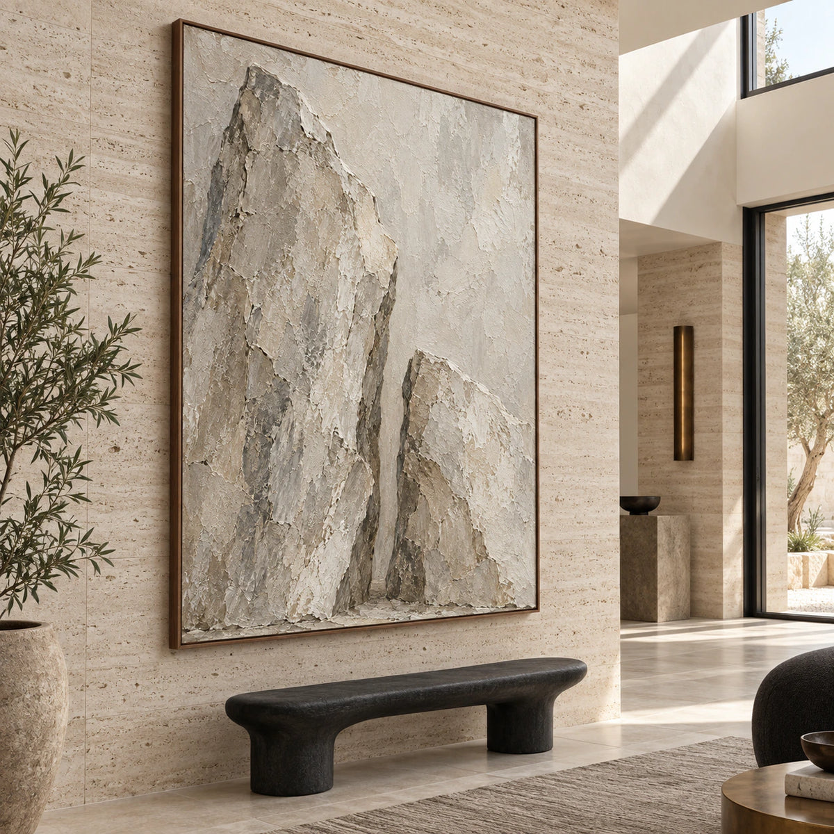 Large Silent-Ravine painting in a gallery-scale foyer with luminous natural light.