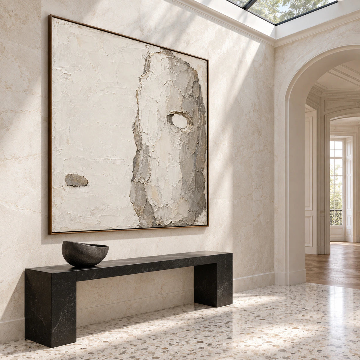 Silent-Relic at gallery scale in a bright stone-lined foyer.
